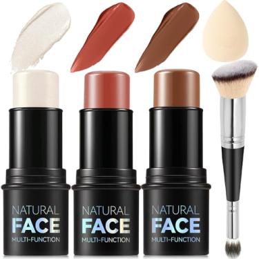 Imagem de Kit de maquiagem em bastão de contorno creme, tons com iluminador, blush e bastão de contorno de bronzeador para esculpir as bochechas, de longa duração, à prova d'água, acabamento fosco e orvalhado