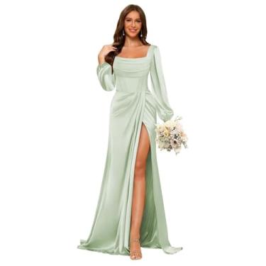 Imagem de Miao Duo Vestidos femininos de cetim de manga comprida para madrinha de casamento longo gola canoa vestidos formais sereia com fenda YZTS168, Verde sálvia, 40