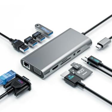 Imagem de Adaptador multiportas USB C Hub 11 em 1, estação de ancoragem, monitor duplo com HDMI 4K, VGA, USB 3.0 5 Gbps, leitor de cartão SD/TF, PD tipo C, áudio de 3,5 mm, Ethernet, compatível com laptops
