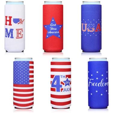 Imagem de BBTO Mangas finas para latas, manga isolante de garrafa de neoprene reutilizável, refrigeradores de latas de bebida de 350 ml para bebidas energéticas e latas de cerveja, 6 peças (bandeira americana)