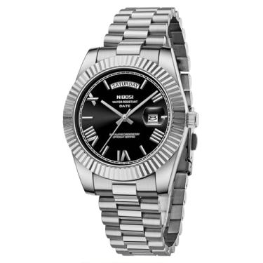 Imagem de NIBOSI Relógio masculino analógico, quartzo, aço inoxidável, ouro rosa, prata, à prova d'água, negócios, design clássico, com data, A06 - prata e preto