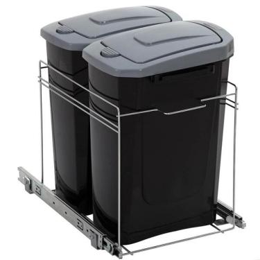 Imagem de Lixeira Dupla Deslizante Cozinha 15l Preta Aço Inox Corrediça
