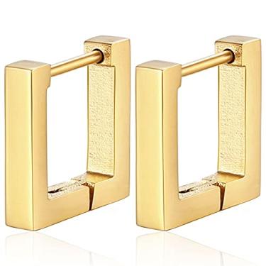 Imagem de Caiyao Brincos de argola de aço inoxidável banhados a ouro 14 K hipoalergênico pequena estrela retangular triângulo coração losango quadrado ferradura em forma de U para mulheres minimalistas leves