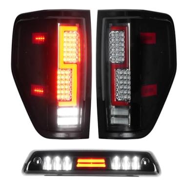 Imagem de Luzes traseiras de LED + 3º terço lâmpada de carga de freio para Ford F150 2009-2014 (modelo de cama Fleetside), conjunto de luz traseira de parada de alta montagem, lente fumê com carcaça cromada