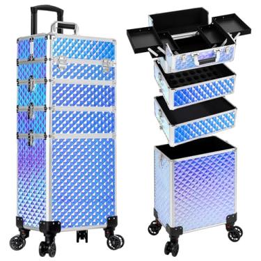 Imagem de AROUS Estojo de maquiagem com rodinhas 4 em 1, estojo de cosmetologia sobre rodas, grande carrinho de cosméticos para armazenamento com chaveiro, estojo de barbeiro para salão de beleza, porta-malas