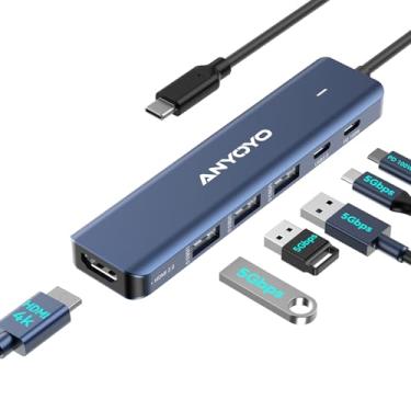Imagem de ANYOYO Estação de ancoragem, adaptador multiportas USB C 6 em 1 com HDMI 4K, 4 USB 5 Gbps (3A+1C), hub USB de alumínio PD de 100 W para MacBook Pro/Air, outros laptops e dispositivos (USB-C não