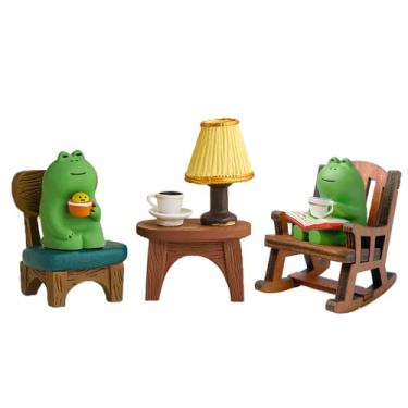 Imagem de Miniature Frog Figurine Statue, Help Relax Enjoying Tea Time Mini Frog Cat Collection Desk Ofiice Bedroom Decor, Healing Heart Good Mood Indoor Home Decorations with Gift Box -Wood Chair Tea Time