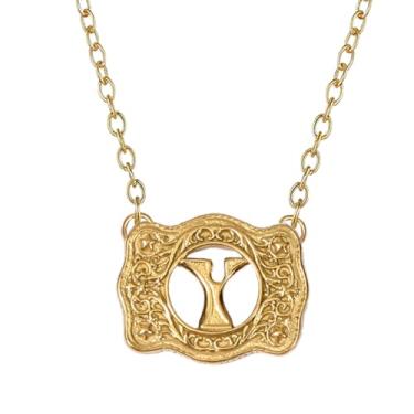 Imagem de SENFAI Colar com fivela de cinto em ouro 14K, estilo ocidental, com pingente de letra inicial, design decorativo com fivela de cinto, Small, Latão, Sem Pedra Preciosa