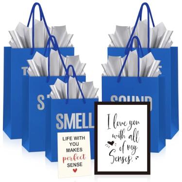 Imagem de Kolldenn 5 sacos de presente 5 sentidos para ele ou ela, sacos Five Senses com alças, papel de seda, envelope kraft, cartão de felicitações para aniversário, casamento, aniversário, presente DIY