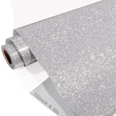 Imagem de GIRAFVINYL Vinil HTV com glitter prata 25,4 cm x 1,5 m prata glitter HTV ferro em vinil para camisetas, fácil de cortar e limpar ervas daninhas com todas as máquinas de corte
