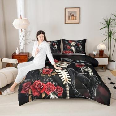 Imagem de Castle Fairy Conjunto de edredom de cama de esqueleto romântico, tamanho queen, caveira, gótico, de microfibra supermacia, para meninas, meninos, vinho tinto rosa, conjunto de edredom decorativo, 3