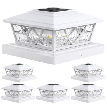 Imagem de APONUO Pacote com 6 luzes solares de poste de cerca - 12 x 12 cm, luzes brancas para cerca de vinil, à prova d'água IP64, serve para postes de madeira/vinil, liga e desliga automática, pátio, varanda