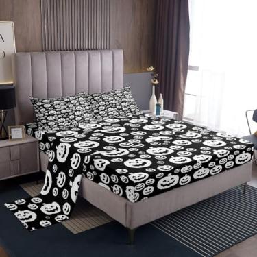 Imagem de Feelyou Jogo de lençol casal feliz dia das bruxas, branco e preto, abóbora, tema de terror, com bolso profundo, respirável, macio e leve de microfibra