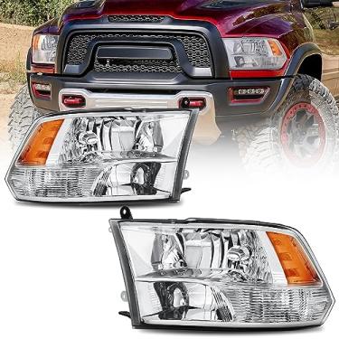 Imagem de MOSTPLUS Conjunto de farol compatível com Dodge Ram 2009-2018 1500/2010-2018 Ram 2500 3500 lâmpada frontal com caixa cromada/lente transparente/refletor âmbar