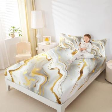 Imagem de Erosebridal Jogo de cama Queen de mármore cinza dourado, arte abstrata, mármore, para homens e mulheres, adultos, lençol com elástico, lençol com elástico, lençol com elástico e lençol com elástico