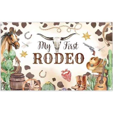 Imagem de ZTHMOE Tecido 183 x 109 cm My First Rodeo pano de fundo caubói vaqueira 1º aniversário mexicano velho oeste violão fotografia fundo infantil decoração festa recém-nascido faixa fotográfica