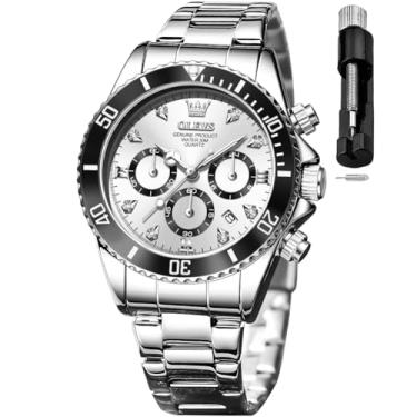 Imagem de OLEVS Relógio feminino moderno com diamante para mulheres, analógico, quartzo, aço inoxidável, à prova d'água, luminoso, dia, data, dois tons, relógio de pulso, relógio feminino branco prateado