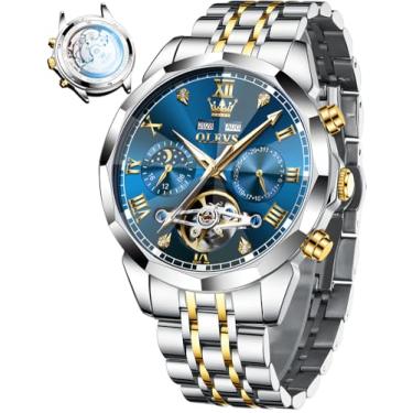 Imagem de OLEVS Relógio masculino automático de aço inoxidável esqueleto mecânico à prova d'água luminoso com corda automática diamante masculino, relógio masculino azul, blue men watch, relógio masculino