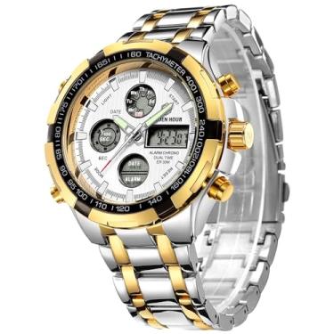 Imagem de FAMVNTN Relógios masculinos de luxo com analógico digital de aço inoxidável para homens, esportes ao ar livre, à prova d'água, relógio de pulso grande, Dourado, branco