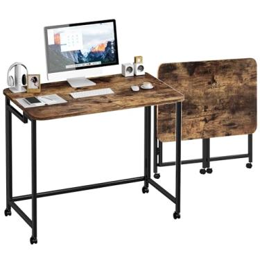 Imagem de JSB Pequena mesa dobrável para computador com bolsa de armazenamento e gancho, mesa de trabalho industrial moderna, laptop para escritório em casa, branca (rústica e marrom, 80 cm)