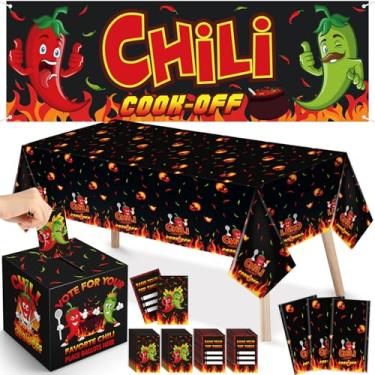 Imagem de Mindsoft Conjunto de 65 peças de decorações Chili Cook Off, 3 peças de toalha de mesa descartável, faixa de pimenta, urna de concurso com 60 cartões de voto para concurso de culinária mexicana artigos