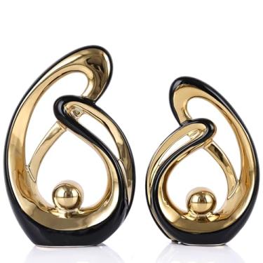 Imagem de DOVDOV Conjunto de 2 estátuas de cerâmica abstratas, decoração de casa preta e dourada, decoração de sala de estar, acessórios de quarto, armários de TV, prateleiras de livros, divisórias de mesa de