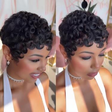 Imagem de PangDongLai Chic Elegent Pixixe Cut Curly Wigs for Black Women Short Layered Corte Pixie Perucas de Cabelo Humano Com Franja Cor Preta Natural Verão Sem Cola Peruca de Cabelo Humano Curto Curto