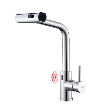 Imagem de GIMILI Torneira de cozinha cromada sem toque com pulverizador de puxar para baixo, torneiras de pia de cozinha com alça única de 38 cm de altura
