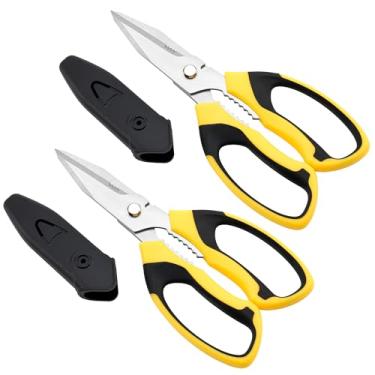 Imagem de Tesoura multiuso resistente, pacote com 2 tesouras afiadas com serrilhas grandes e de precisão, tesouras de tábua de corte multiuso de 20 cm com clipe especial, entalhe de corte de fio e capa de