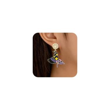 Imagem de Brincos de bruxa de Halloween para mulheres, preto, chapéu de bruxa, brincos pendentes com laço e pingente de cadinho assustador, fantasia de Halloween, acessórios de joias de festa, One Size, Metal