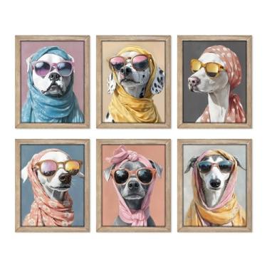 Imagem de Gatheroad Conjunto de 6 peças de arte de parede de cachorro engraçado colorido - 20 x 25 cm sem moldura de cachorro feliz com óculos e faixa de cabeça, decoração de parede para quarto de crianças