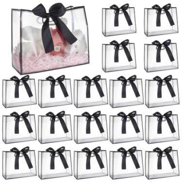 Imagem de ORIGACH 20 sacos de presente grandes de PVC transparente com alças reutilizáveis sacos de lembrancinha de festa de flores com fita para casamentos, chá de bebê, formatura e compras, 30 x 25 x 12 cm