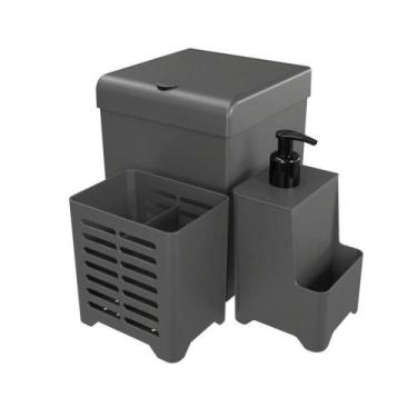 Imagem de Kit Pia 3 Peças Lixeira Dispenser Porta Talher Cozinha - Stolf Cinza