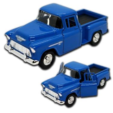 Imagem de Miniatura de carro Chevrolet Stepside 1955 em Metal, com fricção, pneus em borracha, abertura de portas laterais, 12 CM, 1/32, Resistente a quedas (Azul Royal)