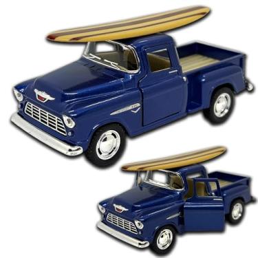 Imagem de Miniatura de carro Chevrolet Stepside 1955 em Metal, com fricção, pneus em borracha, abertura de portas laterais, 12 CM, 1/32, Resistente a quedas (Azul Surf)