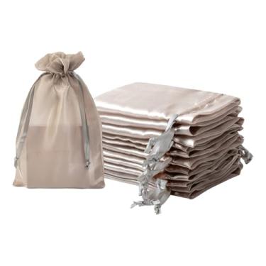 Imagem de QIANF 20 sacos pequenos de organza champanhe, 15 x 23 cm para lembrancinhas de casamento com cordão, mini sacos de presente de malha, bolsa de joias para chá de panela, doces, lembrancinhas, chá de
