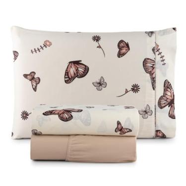 Imagem de LençOl Casal Com Elastico Conjunto De Roupa De Cama,Jogo De LençOl 100% AlgodãO Ponto Palito Estampado 1.98 * 1.58cm (BORBOLETA MARRROM)