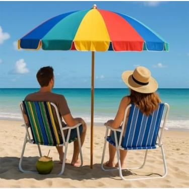 Imagem de Kit 2 Cadeiras de Praia Dobrável com Listras Coloridas, Estrutura em Alumínio Branco, Portátil para Piscina e Praia