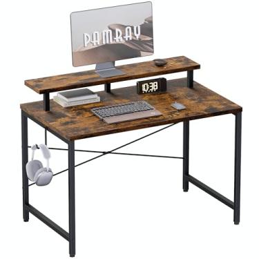 Imagem de Pamray Mesa de computador pequena de 81 cm com suporte para monitor, mesa de escritório simples com gancho de fone de ouvido para espaços pequenos, mesa de estudo infantil para quarto, vintage
