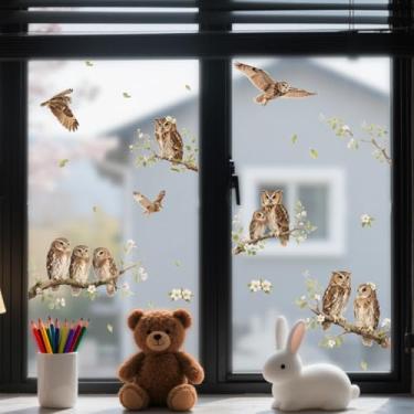 Imagem de ANATTASOUL Adesivos de janela estática corujas e galhos 1 folha de decalques reutilizáveis de janela para vidro, 120 cm x 30 cm adesivo de janela dupla face removível para quarto, escritório