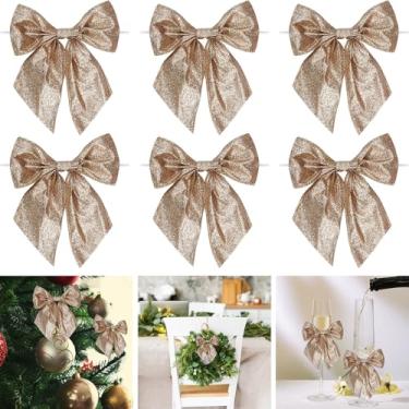 Imagem de YKW 6 peças de decorações de laço de glitter dourado champanhe com laço torcido de 15 cm, enfeites de grinaldas de fita de 15,5 x 15 cm para embrulho de casamento, festas de fim de ano, decoração de