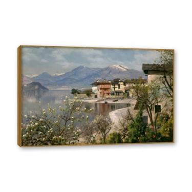 Imagem de Moldura externa de teca. Famosas pinturas a óleo (paisagem 08) por Peder Mork Monsted, reprodução impressa em tela, arte de cenário para decoração de sala de estar. 60 x 90 cm - 23,7 x 35,5 pol