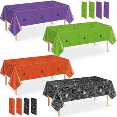 Imagem de Denwiller 8 peças de toalhas de mesa de teia de aranha de Halloween, decorações de festa, toalhas de mesa multicoloridas descartáveis de teia de aranha assustadora, capa de mesa para aniversário de