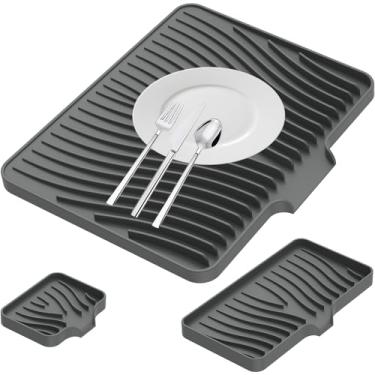 Imagem de Tapete de secagem de pratos de silicone com ralo embutido, tapete de drenagem de pratos antiderrapante, tapete de secagem de pia para bancada de cozinha, tapete de escorredor de pratos autodrenante,
