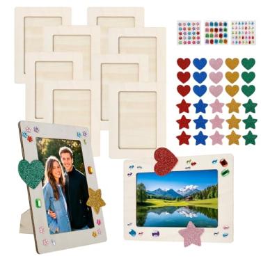 Imagem de Kit de artesanato de pintura de moldura de madeira para fotos de 10 x 15 cm, 10 molduras de madeira inacabadas DIY com 3 folhas de adesivos de diamante de cristal, 2 sacos de adesivos EVA para