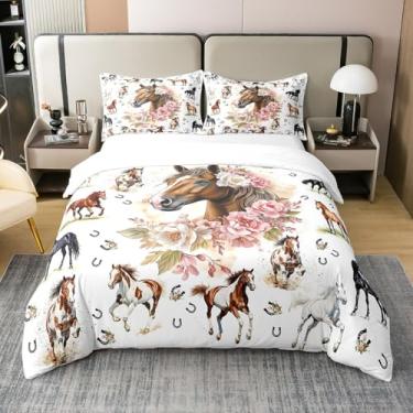 Imagem de Manfei Conjunto de capa de edredom de cavalo 100% algodão, conjunto de cama floral com ferradura de cavalo 3 peças, capa de edredom de desenho animado para todas as estações, decoração de quarto de