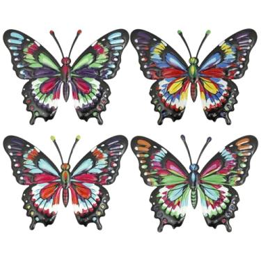 Imagem de 4 peças de decoração de parede de metal, decoração de parede 3D borboleta pendurada para interior e exterior, decoração de arte pendurada para quintal, sala de estar, quarto, varanda, pátio, cerca