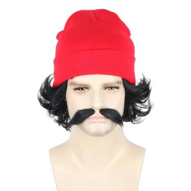 Imagem de Topcosplay Peruca masculina preta curta com gorro vermelho e bigode acessório de festa de Halloween Perucas engraçadas