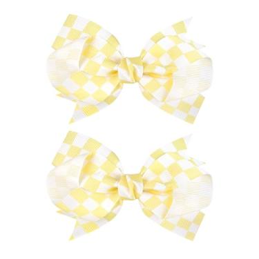 Imagem de YanJie 2 peças de clipes de cabelo quadriculados de 10 cm para meninas, fita amarela, branca, acessórios de cabelo com tema de corrida infantil, fantasia, jogo de festa, roupa xadrez para meninas