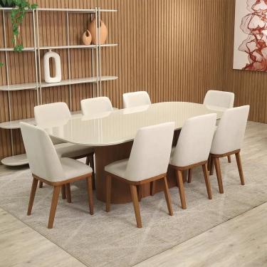 Imagem de Conjunto de Jantar Mesa Retangular com Vidro 8 Cadeiras Kalina - Canella c/ Off White